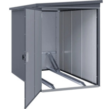 Abri de jardin en métal avec rail coulissant pour vélos et porte ouverte.