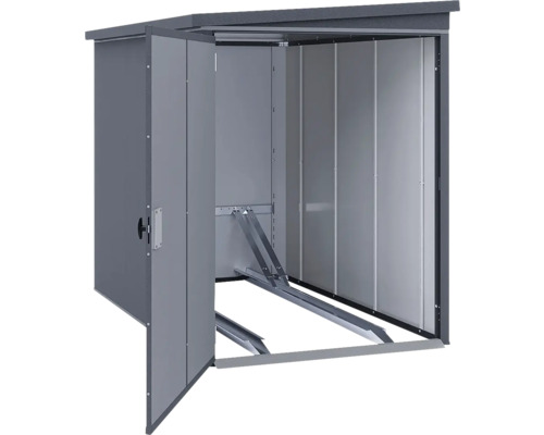 Abri de jardin en métal avec rail coulissant pour vélos et porte ouverte.