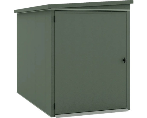 Abri de jardin vert en métal avec toit en pente et porte simple.