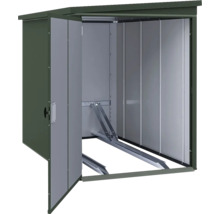 Abri à vélos en métal avec porte ouverte et rails de guidage pour vélos à l'intérieur.