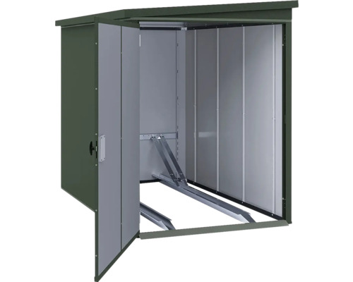 Abri à vélos en métal avec porte ouverte et rails de guidage pour vélos à l'intérieur.