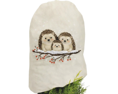 Housse de protection hivernale en non-tissé avec motif hérisson sur une branche avec des baies rouges pour protéger les plantes du gel.