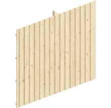 Panneau de clôture en bois clair avec lattes verticales.