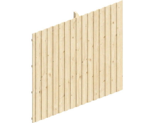 Panneau de clôture en bois clair avec lattes verticales.