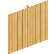Panneau de clôture en bois incliné avec lattes verticales et veinage apparent.
