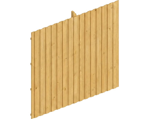 Panneau de clôture en bois incliné avec lattes verticales et veinage apparent.