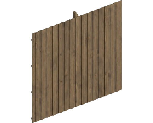 Élément pare-vue en bois brun avec des lattes verticales et un bord supérieur incliné.