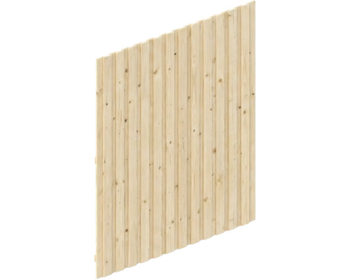 Élément de clôture en bois, incliné, avec des lattes verticales et un grain de bois naturel.