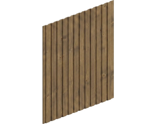 Panneau de clôture en bois avec lattes verticales et bord supérieur incliné.