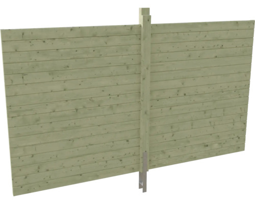 Sichtschutzzaun aus Holz mit horizontalen Lamellen, Pfosten und Bodenanker.