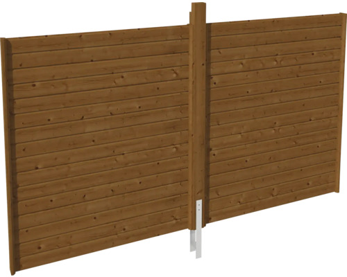 Sichtschutzzaun aus Holz mit waagerechten Lamellen und einem Mittelpfosten inklusive Bodenverankerung.