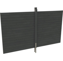 Sichtschutzzaun aus horizontalen Holzlamellen in Anthrazit mit einem zentralen Pfosten.