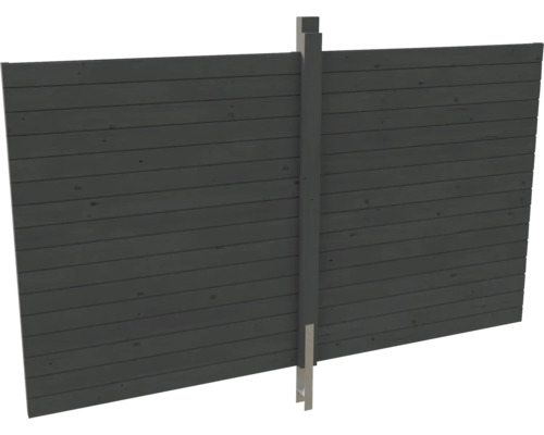 Sichtschutzzaun aus horizontalen Holzlamellen in Anthrazit mit einem zentralen Pfosten.
