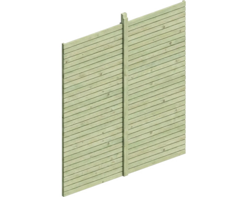 Sichtschutzzaun aus grün imprägniertem Holz mit horizontalen Lamellen und einem Pfosten.
