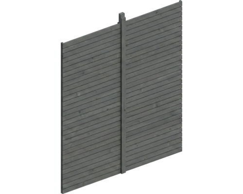 Grauer Sichtschutzzaun aus Holz mit waagerechten Lamellen und einem Pfosten.