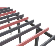 Construction de pergola en bois avec des poutres et des chevrons horizontaux.