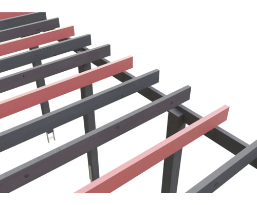 Construction de pergola en bois avec des poutres et des chevrons horizontaux.