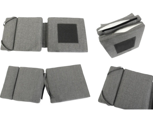 Mehrfachansicht eines faltbaren Gästebetts mit grauem Bezug