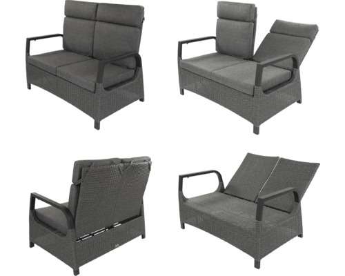 Gartenlounge Zweisitzer aus Rattan mit verstellbarer Rückenlehne in verschiedenen Positionen