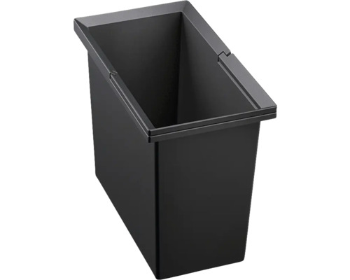 Rechteckiger Abfallbehälter aus schwarzem Kunststoff für Mülltrennsysteme.
