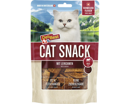 DeliBest Katzen-Snack mit Kalbfleisch und Leinsamen, 93 Prozent Fleischanteil, ohne Zuckerzusatz, hergestellt in der Schweiz.