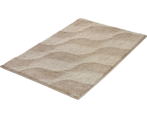 Tapis de bain rectangulaire avec motif à vagues, beige, texture douce.