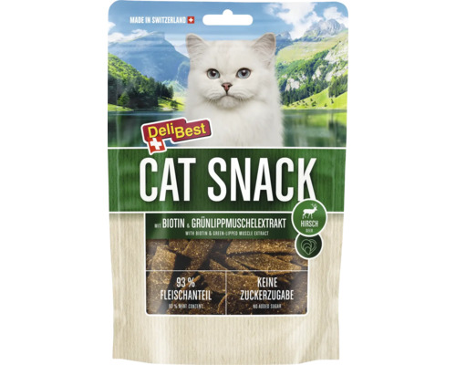 Friandise pour chat DeliBest au cerf, biotine et extrait de moule verte, 93 pour cent de viande, sans sucre ajouté.