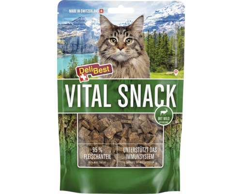 Logo DeliBest, Vital Snack pour chats au gibier, 95 pour cent de viande, soutient le système immunitaire, fabriqué en Suisse.
