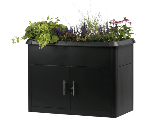 Bac à fleurs surélevé en métal noir avec armoire basse intégrée verrouillable et plantations.