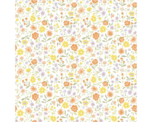 Tapete mit floralem Muster, kleine bunte Blüten und grüne Blätter.