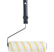Farbroller mit weiss-gelb gestreiftem Bezug und schwarzem ergonomischem Kunststoffgriff.