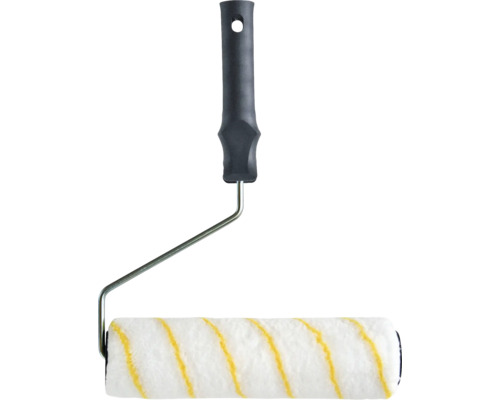 Farbroller mit weiss-gelb gestreiftem Bezug und schwarzem ergonomischem Kunststoffgriff.