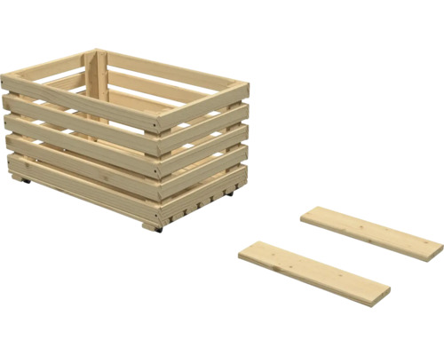 Caisse en bois faite de lattes claires avec deux planches en bois supplémentaires.