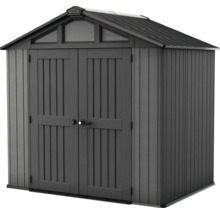 Abri de jardin en plastique avec toit à deux pans, double porte et fenêtres de pignon, gris.