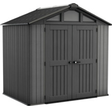 Abri de jardin en plastique anthracite avec toit à deux versants et double porte.