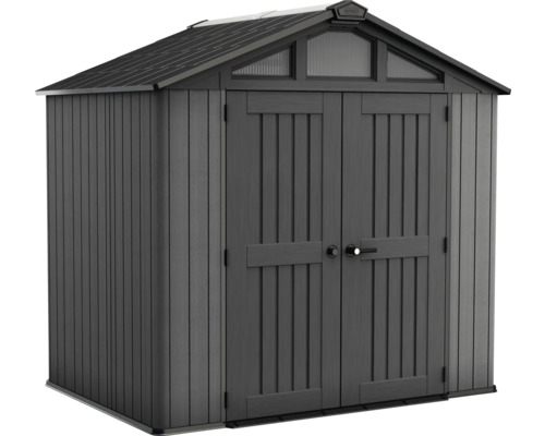 Abri de jardin en plastique anthracite avec toit à deux versants et double porte.