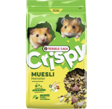 Versele-Laga Crispy Muesli nourriture pour hamsters avec vitamines et minéraux, sans colorants artificiels, emballage avec deux hamsters et mélange.