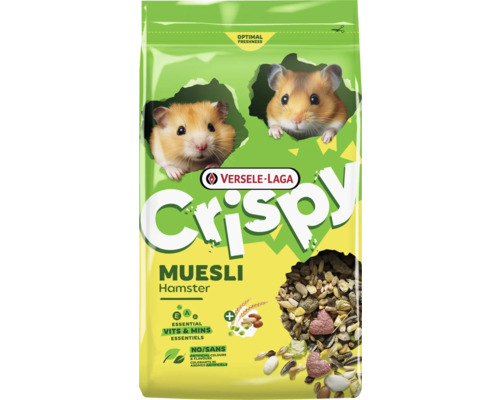 Versele-Laga Crispy Muesli nourriture pour hamsters avec vitamines et minéraux, sans colorants artificiels, emballage avec deux hamsters et mélange.