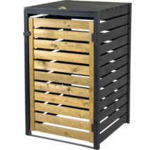 Cache-poubelle en bois avec lamelles, porte avant couleur naturelle, côtés et couvercle en anthracite.
