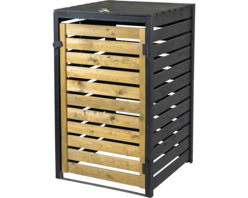 Cache-poubelle en bois avec lamelles, porte avant couleur naturelle, côtés et couvercle en anthracite.