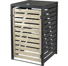 Cache-poubelle en bois gris avec cadre métallique noir et couvercle rabattable pour une poubelle.