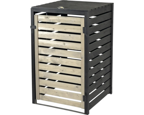 Cache-poubelle en bois gris avec cadre métallique noir et couvercle rabattable pour une poubelle.