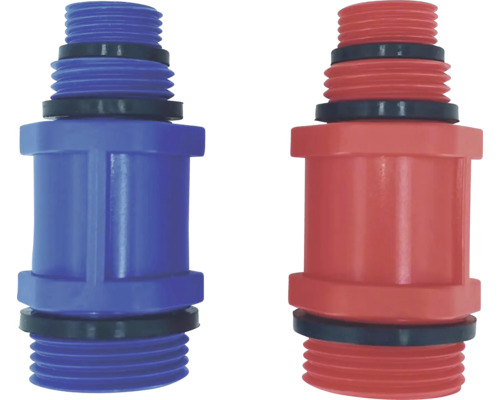 Zwei Kunststoff-Anschlussstücke für Verteiler, blau und rot, mit Außengewinde und Gummidichtungen.