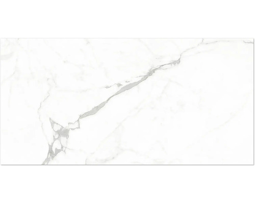 Bodenfliese aus Feinsteinzeug in weißer Marmor-Optik mit grauer Maserung.