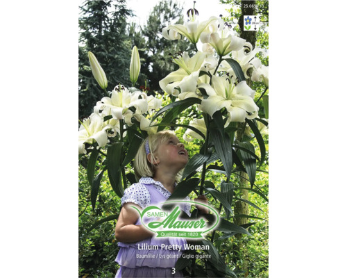 Baumlilie Lilium Pretty Woman mit weissen Blüten neben einem Kind im Garten, Wuchshöhe bis zu 200 Zentimeter, Samen Mauser Logo.