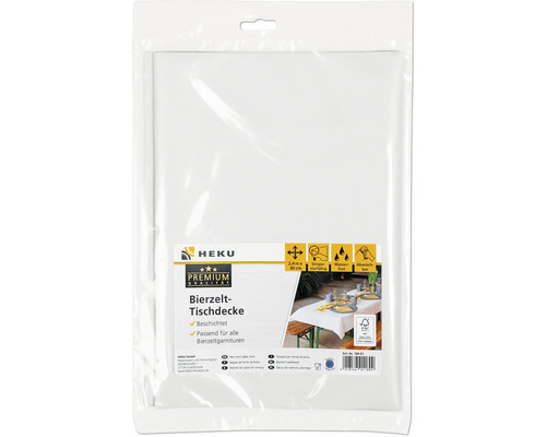 Nappe pour table de fête HEKU blanche, enduite, imperméable et lavable, 2,4 par 0,8 mètre, certifiée FSC.