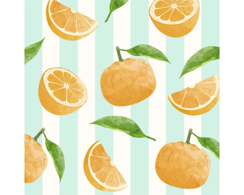 Tapete mit Orangen-Muster, Zitrusfrüchten und grünen Blättern auf mintgrün-weiß gestreiftem Hintergrund