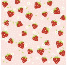 Motif avec des fraises rouges, des fleurs blanches et des feuilles vertes.