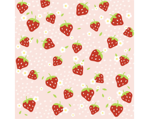 Motif avec des fraises rouges, des fleurs blanches et des feuilles vertes.