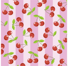 Papier peint à motif de cerises sur rayures verticales. Cerises avec feuilles.
